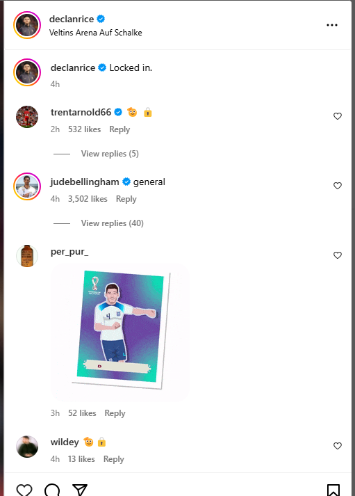 Jude Bellingham and Trent Alexander-Arnold message to Declan Rice on Instagram - CR@Declanrice (META, Instagram 2024)