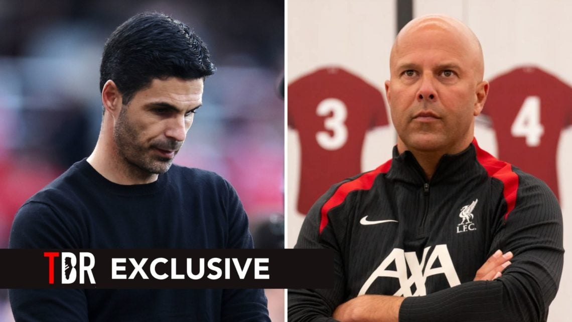Split image of Mikel Arteta the head coach / manager of Arsenal looks downcast, and Arne Slot of Liverpool looking frustrated. Overlaid, a TBR EXCL...
