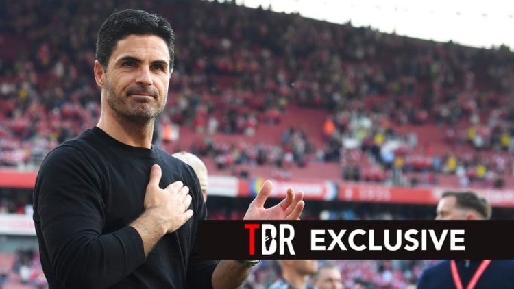 Mikel Arteta, Manager of Arsenal, acknowledges the fans following the Premier League match.
