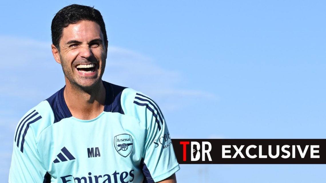 Arsenal manager Mikel Arteta during a training session at Los Angeles Rams Practice Facility. Overlaid, an exclusive banner.