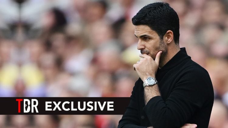 Mikel Arteta, Manager of Arsenal, looks on. Overlaid, an exclusive banner.