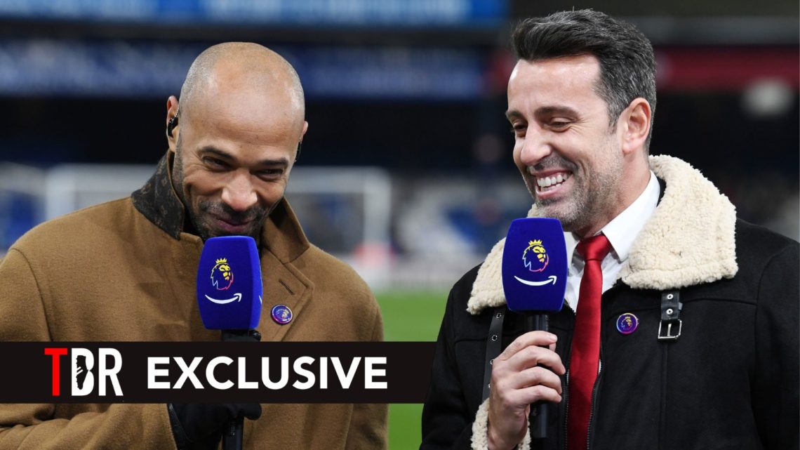 TV Pundit and Former Footballer Theirry Henry looks on as Edu Gaspar, Technical Director of Arsenal, speaks to Amazon Prime Video. Overlaid, an exc...