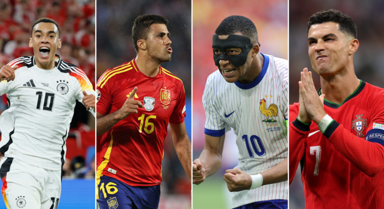 A compilation of images featuring Jamal Musiala, Rodri, Kylian Mbappe and Cristiano Ronaldo.