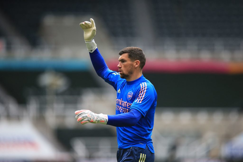 Arsenal's Australian goalkeeper Mat Ryan warms up ahead of the English Premier League football match between Newcastle United and Arsenal at St Jam...