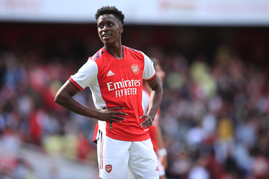 Albert Sambi Lokonga of Arsenal during the Pre Season Friendly between Arsenal and Chelsea at Emirates Stadium on August 1, 2021 in London, England.