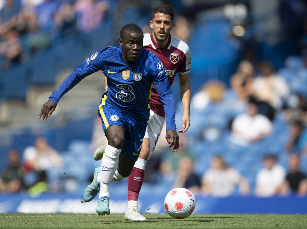 N'Golo Kante of Chelsea and is chased by Pablo Fornals of West Ham United during the Premier League match between Chelsea and West Ham United at St...