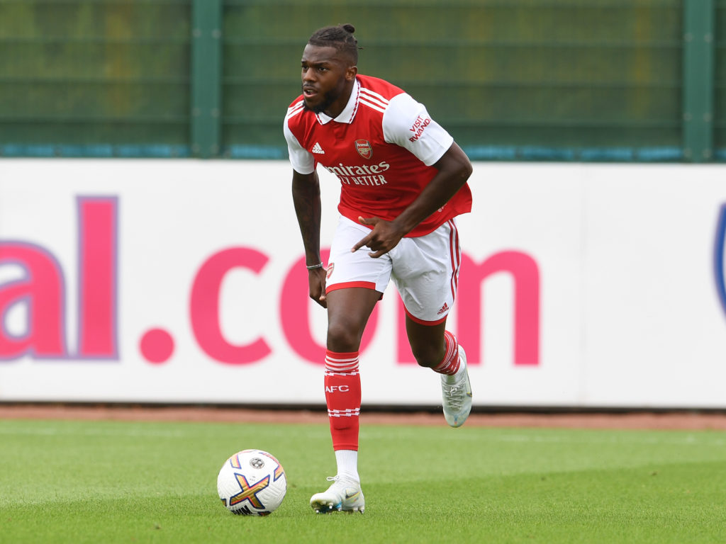 Nuno Tavares of Arsenal during the pre season friendly between Arsenal and Brentford at London Colney on July 27, 2022 in St Albans, England.