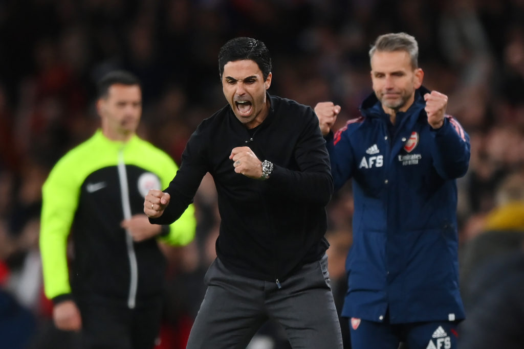 Arsenal manager Mikel Arteta celebrates his team's victory during the Premier League match between Arsenal FC and Liverpool FC in Emirates...