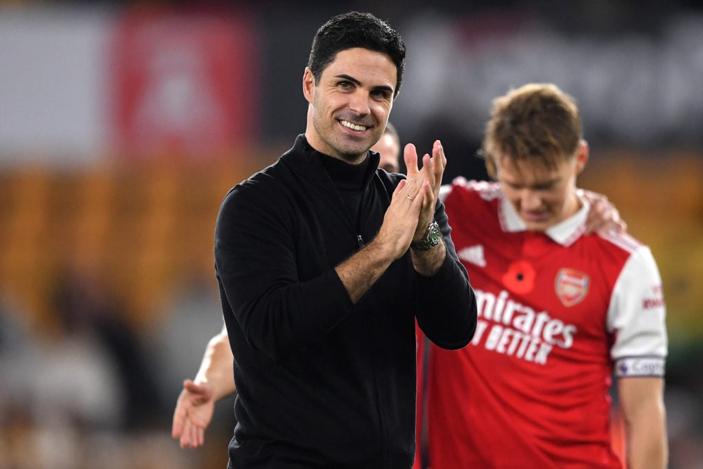 Mikel Arteta, Manager of Arsenal applauds fans following their side's victory in the Premier League match between Wolverhampton Wanderers and Arsen...