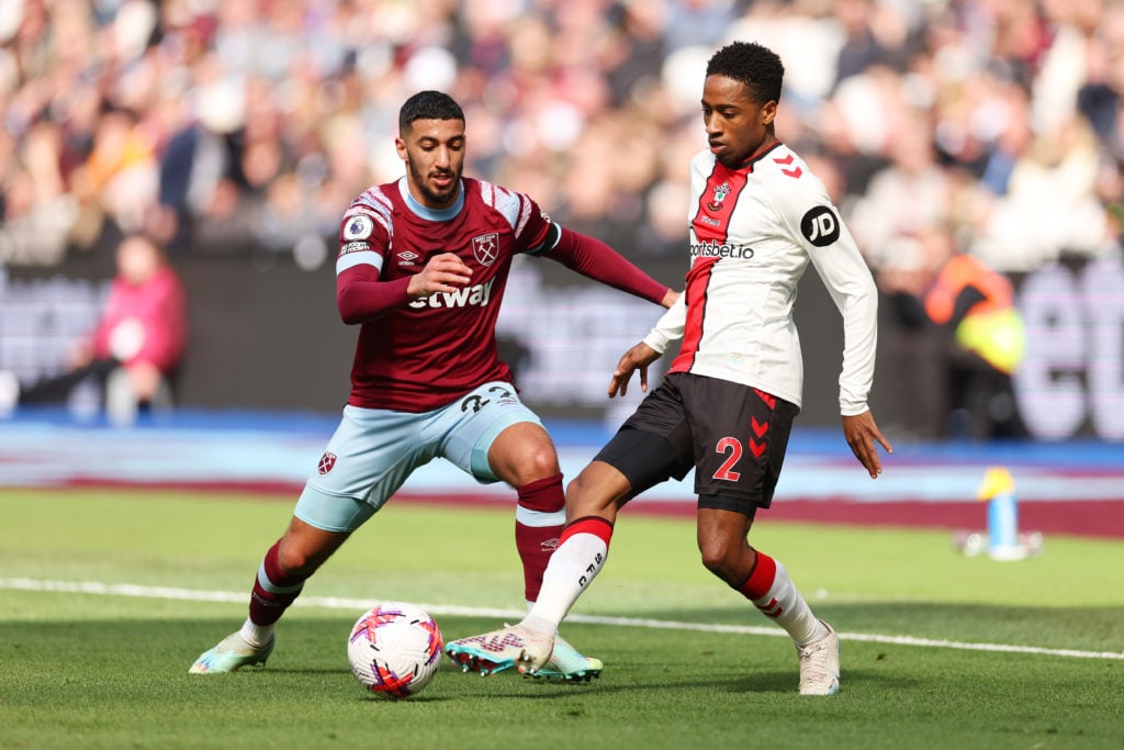 Kyle Walker-Peters of Southampton battles for possession with Said Benrahma of West Ham United during the Premier League match between West Ham Uni...