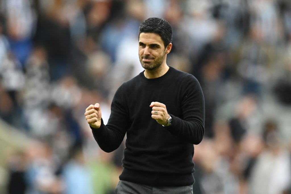 Mikel Arteta, Manager of Arsenal, celebrates victory following the Premier League match between Newcastle United and Arsenal FC at St. James Park o...