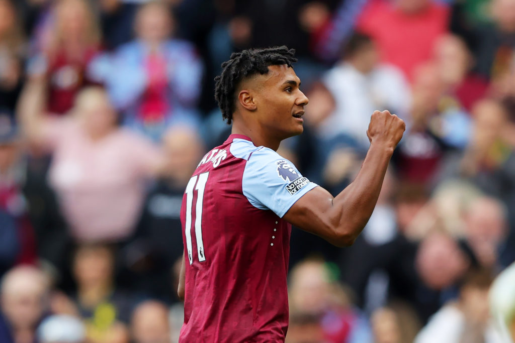 Ollie Watkins of Aston Villa celebrates after scoring the team's first goal during the Premier League match between Aston Villa and Brighton & ...