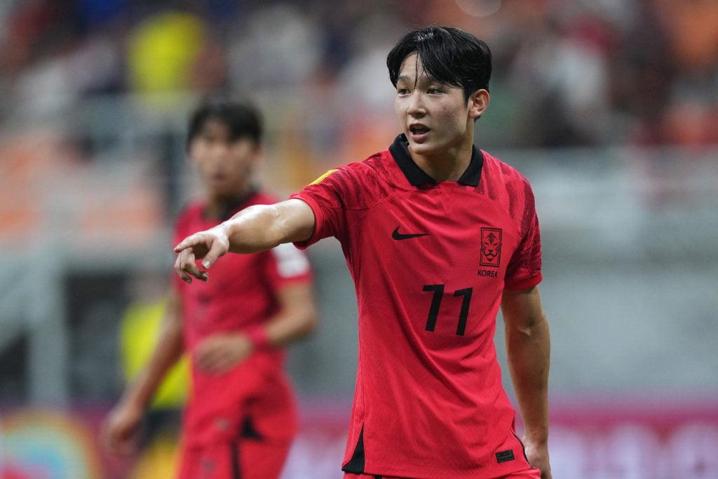 Yang Minhyeok of Korea Republic reacts during the Group E match between France and Korea Republic during the FIFA U-17 World Cup at Jakarta Interna...