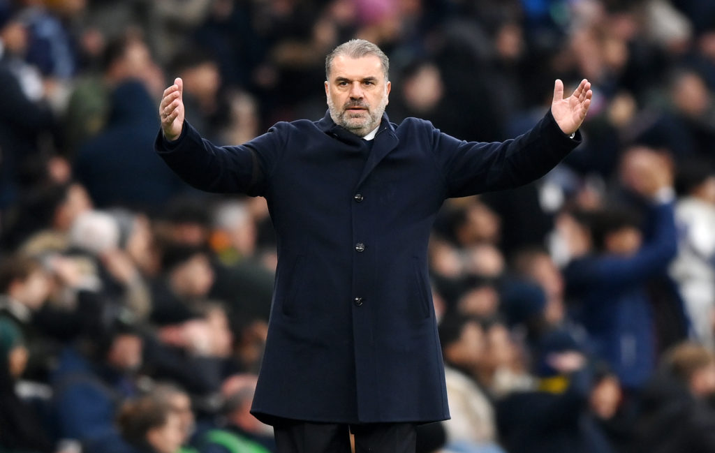 Ange Postecoglou, Manager of Tottenham Hotspur, reacts during the Premier League match between Tottenham Hotspur and Aston Villa at Tottenham Hotsp...