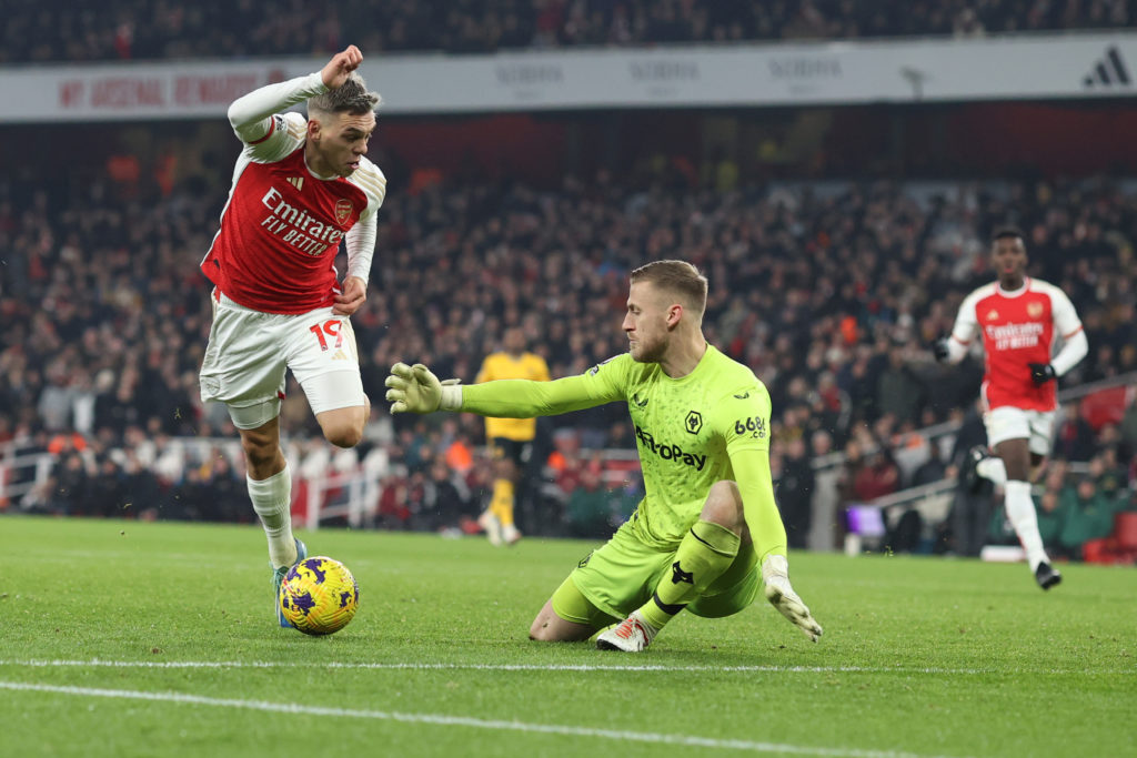 Wolverhampton Wanderers goalkeeper Dan Bentley saves from Leandro Trossard of Arsenal during the Premier League match between Arsenal FC and Wolver...