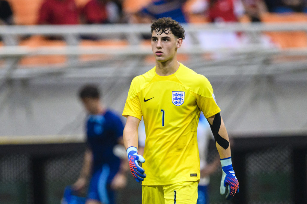 Goalkeeper Tommy Setford of England walks in the field during FIFA U-17 World Cup Round of 16 match between England and Uzbekistan at Jakarta Inter...