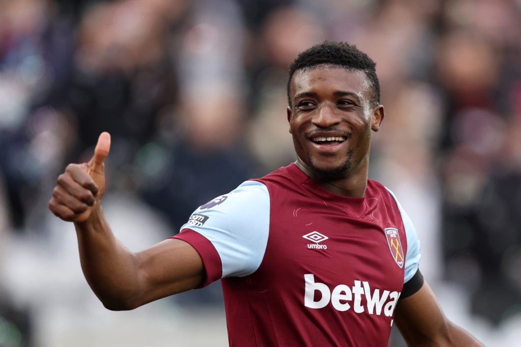 Mohammed Kudus of West Ham United celebrates after scoring the team's first goal during the Premier League match between West Ham United and Crysta...