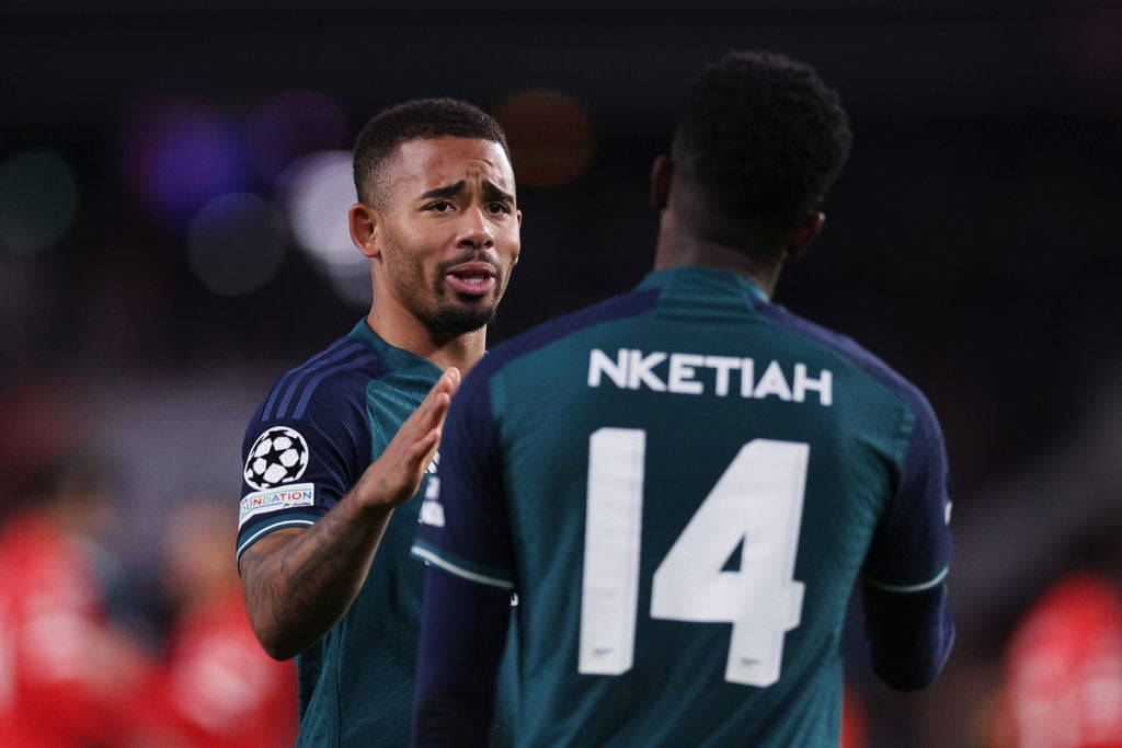 Gabriel Jesus of Arsenal talks with Eddie Nketiah after the UEFA Champions League match between PSV Eindhoven and Arsenal FC at Philips Stadion on ...