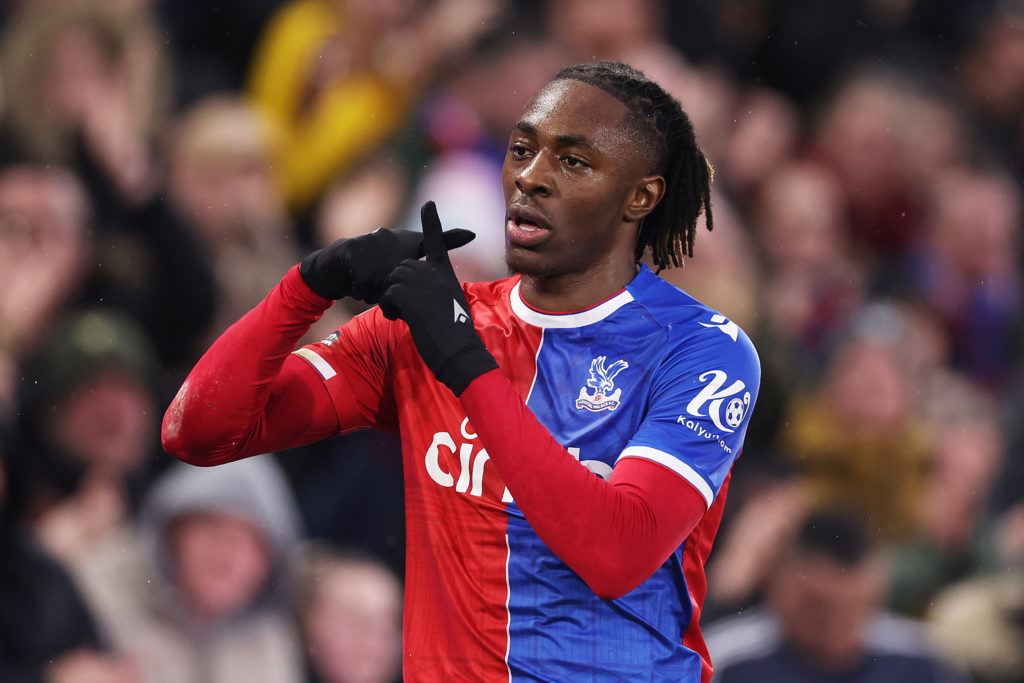 Eberechi Eze of Crystal Palace celebrates after scoring their team's second goal during the Premier League match between Crystal Palace and Brentfo...