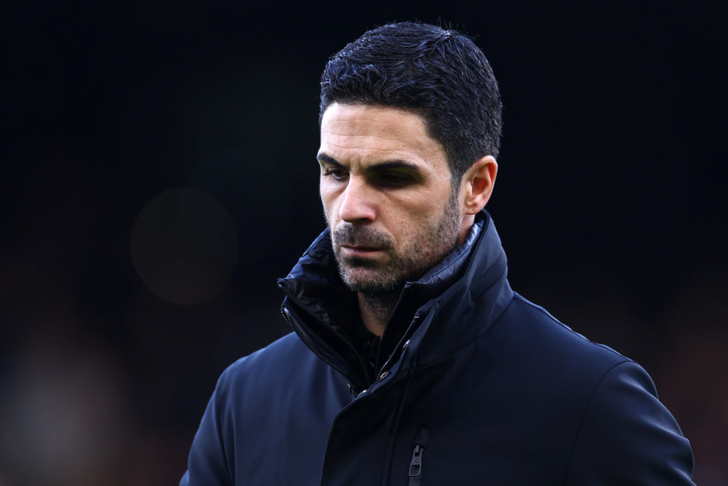 Mikel Arteta of Arsenal looks on prior to the Premier League match between Fulham FC and Arsenal FC at Craven Cottage on December 31, 2023 in Londo...