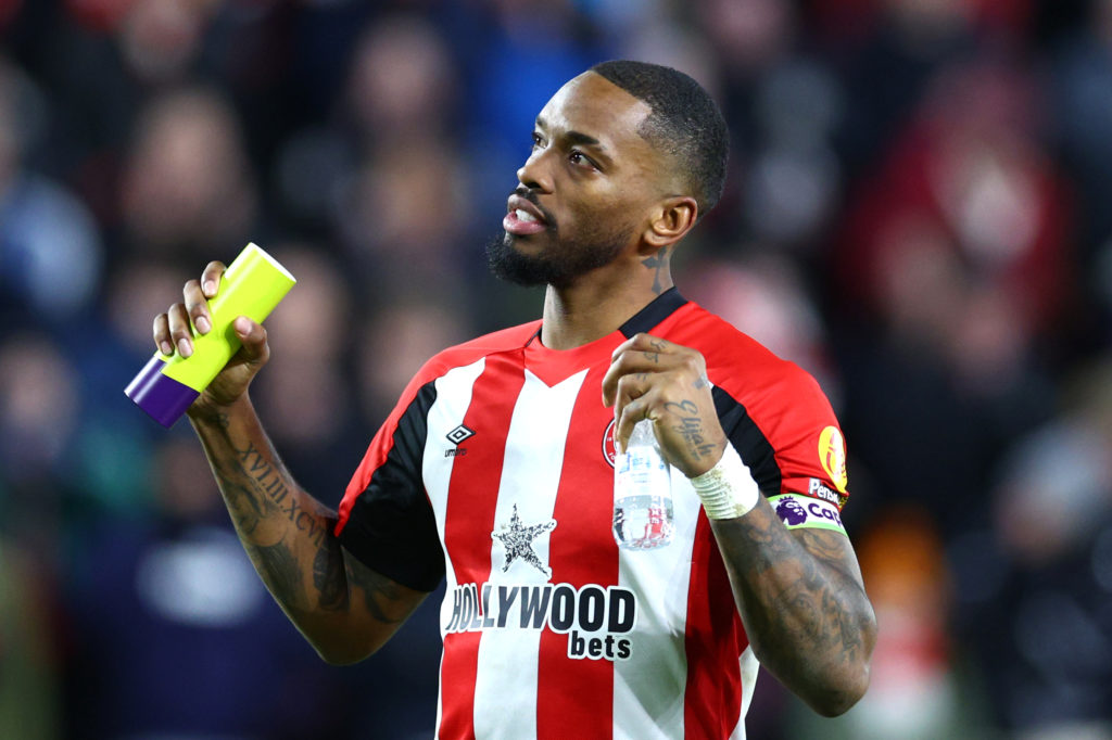 Ivan Toney of Brentford celebrates with the Premier League Player of The Match trophy after the Premier League match between Brentford FC and Notti...