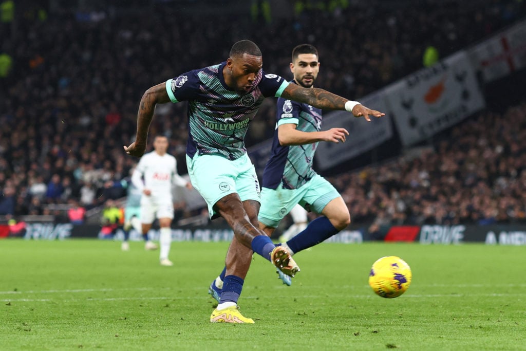 Ivan Toney of Brentford scores their 2nd goal  during the Premier League match between Tottenham Hotspur and Brentford FC at Tottenham Hotspur Stad...