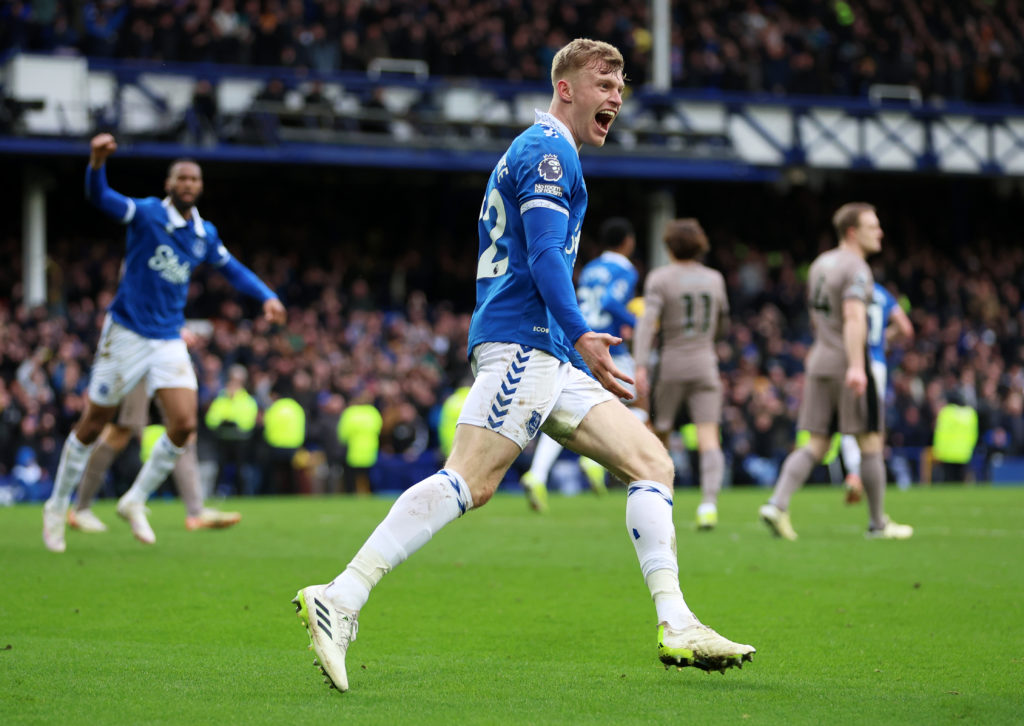 Jarrad Branthwaite of Everton celebrates scoring his team's second goal during the Premier League match between Everton FC and Tottenham Hotspur at...