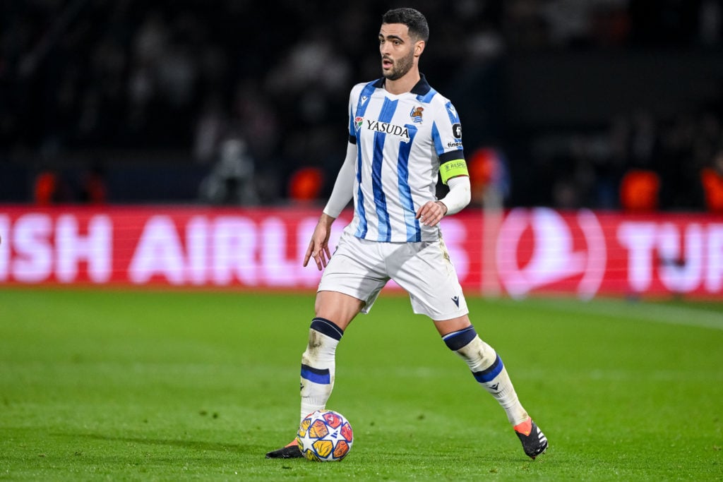 Mikel Merino of Real Sociedad controls the Ball during the UEFA Champions League 2023/24 round of 16 first leg match between Paris Saint-Germain an...