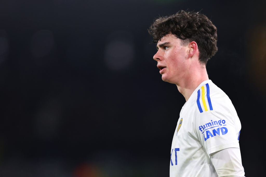 Archie Gray of Leeds United during the Sky Bet Championship match between Leeds United and Leicester City at Elland Road on February 23, 2024 in Le...