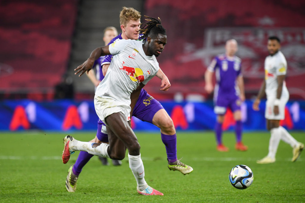 Oumar Mickael Solet of Salzburg and Nicolas Binder of Austria Klagenfurt during the Admiral Bundesliga match between FC Red Bull Salzburg and SK Au...