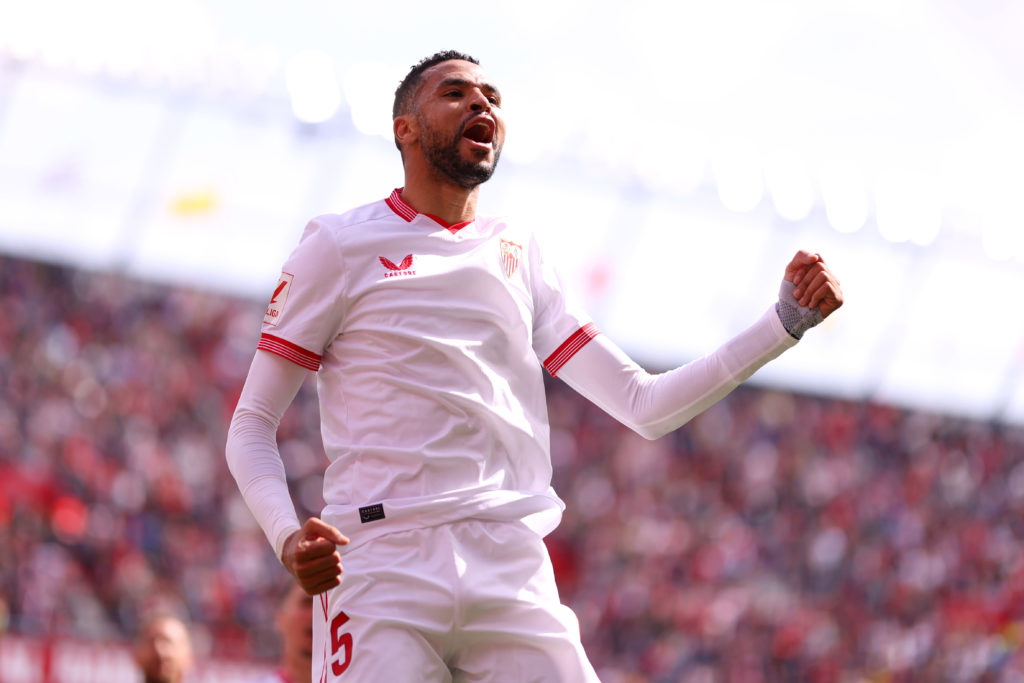 Yousseff En-Nesyri of Sevilla FC celebrates scoring his team's first goal during the LaLiga EA Sports match between Sevilla FC and Real Sociedad at...