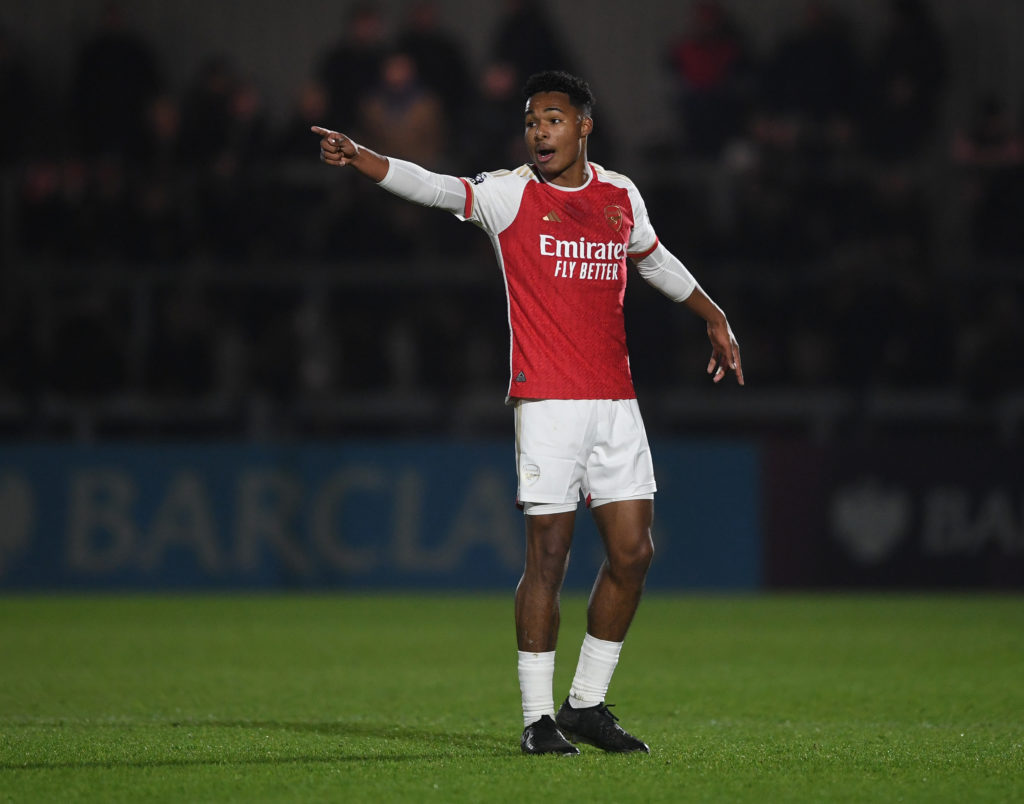 Reuell Walters of Arsenal during the PL2 match between Arsenal U21 and Tottenham Hotspur U21 at Meadow Park on March 08, 2024 in Borehamwood, England.