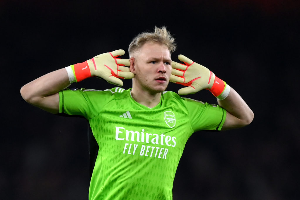 Aaron Ramsdale celebrates during Arsenal vs Brentford