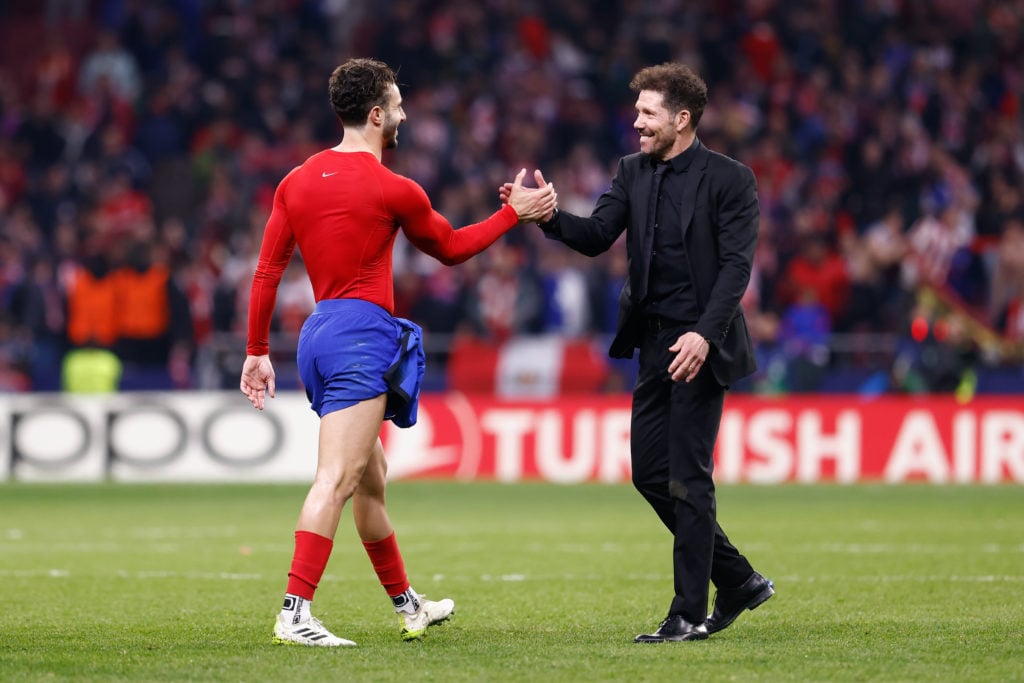 Diego Pablo Simeone, head coach of Atletico de Madrid, celebrates the victory with Mario Hermoso of Atletico de Madrid during the UEFA Champions Le...