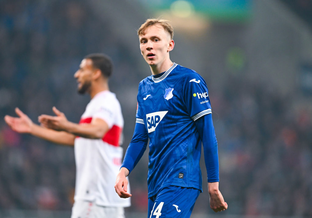 Maximilian Beier of TSG Hoffenheim looks on during the Bundesliga match between TSG Hoffenheim and VfB Stuttgart at PreZero-Arena on March 16, 2024...