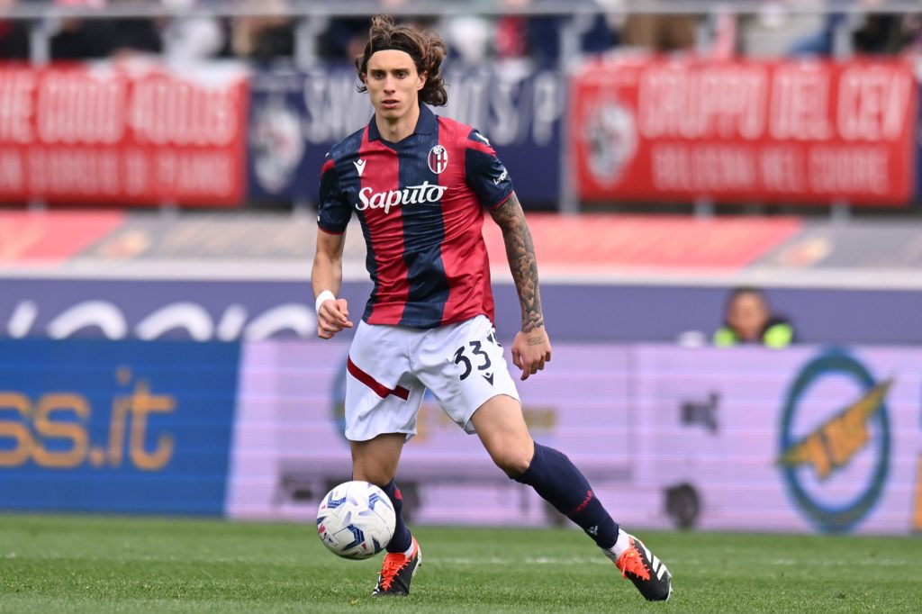 Riccardo Calafiori of Bologna FC in action during the Serie A TIM match between Bologna FC and US Salernitana at Stadio Renato Dall'Ara on April 01...