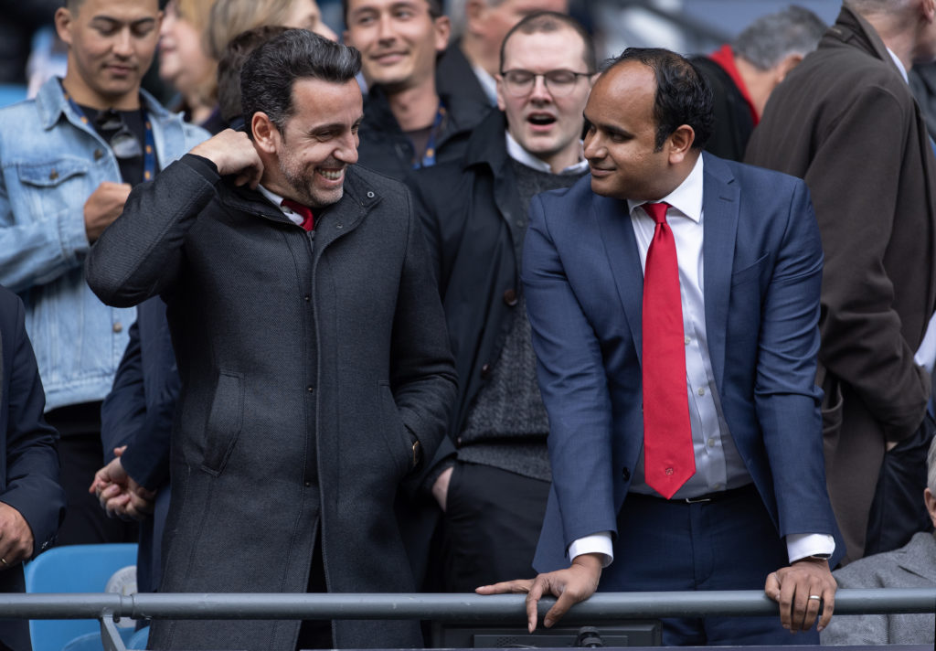 Arsenal Chief Executive Vinai Venkatesham with sporting director Edu before the Premier League match between Manchester City and Arsenal FC at Etih...