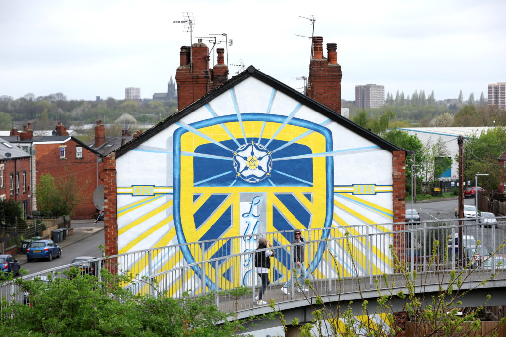 A general view of a Leeds United mural is seen on the side of a house prior to the Sky Bet Championship match between Leeds United and Blackburn Ro...