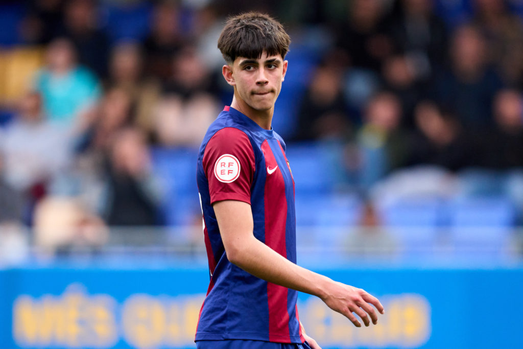 Marc Bernal of FC Barcelona Atletic looks on during the Primera RFEF match between FC Barcelona Atletic and CD Arenteiro at Estadi Johan Cruyff on ...