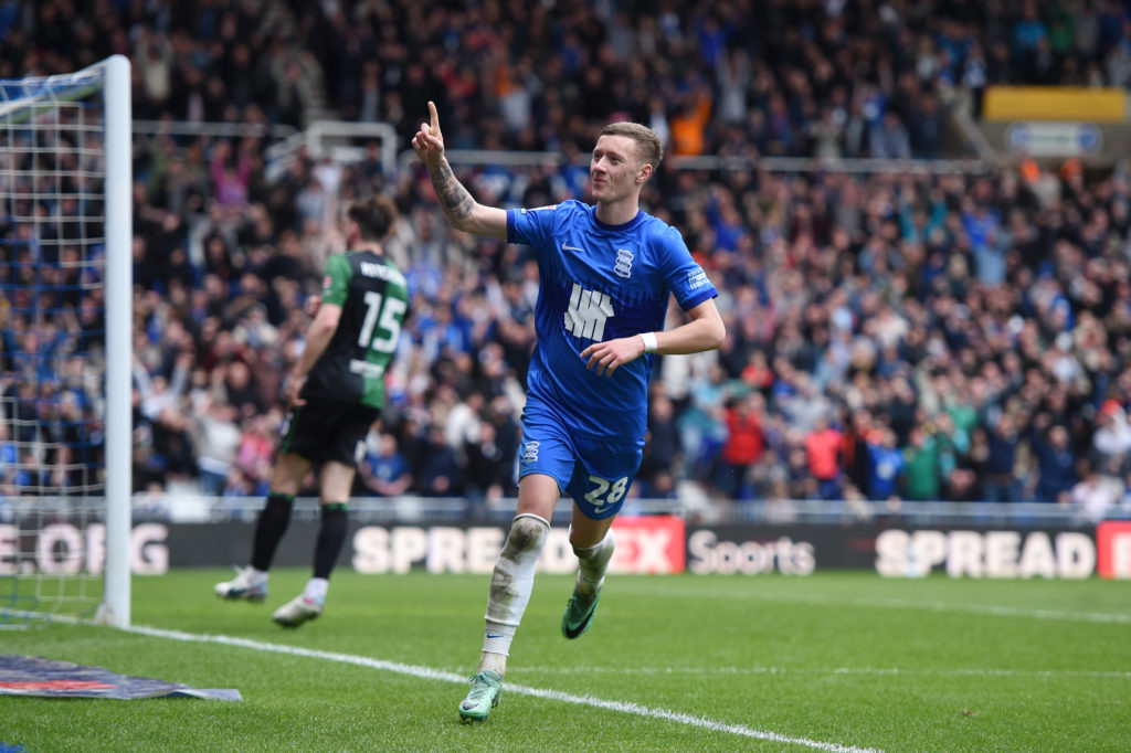 Jay Stansfield of Birmingham City celebrates after scoring his team's third goal during the Sky Bet Championship match between Birmingham City and ...