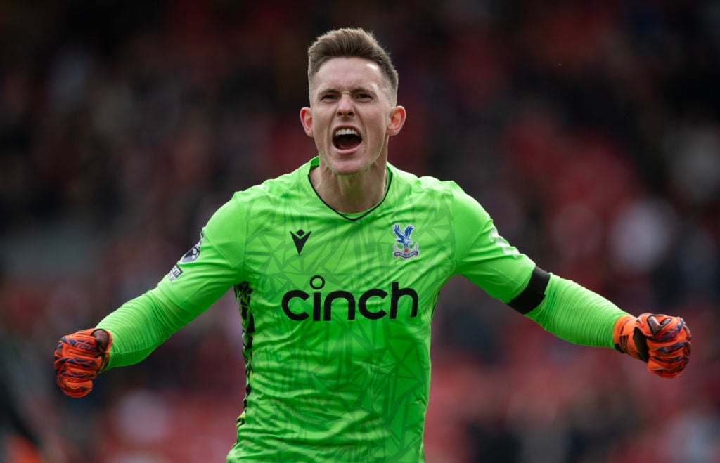 Crystal Palace goalkeeper Dean Henderson celebrates after his team's goal during the Premier League match between Liverpool FC and Crystal Palace at Anfield.