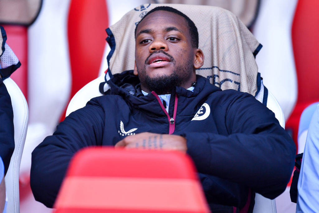 Jhon Duran of Aston Villa looks on prior to the UEFA Europa Conference League 2023/24 Quarter-final second leg match between Lille OSC and Aston Vi...