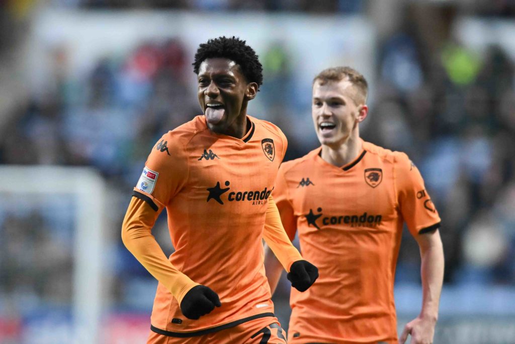 Jaden Philogene of Hull City is celebrating after scoring his team's first goal during the Sky Bet Championship match between Coventry City and Hul...