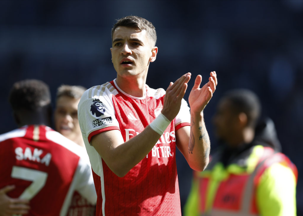 Jakub Kiwior of Arsenal applauds the fans after the Premier League match between Tottenham Hotspur and Arsenal FC at Tottenham Hotspur Stadium on A...