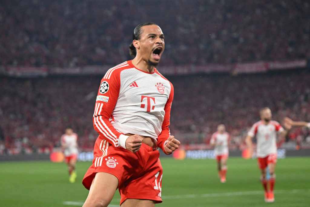 Leroy Sane celebrates a goal for Bayern Munich in the Champions League.