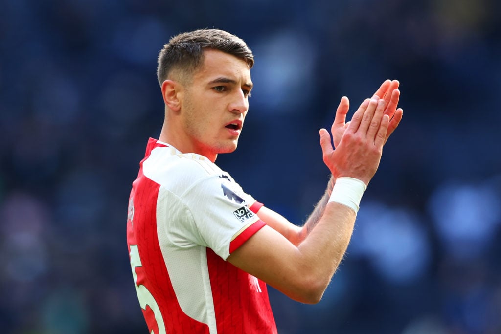 Jakub Kiwior of Arsenal applauds the supporters following the Premier League match between Tottenham Hotspur and Arsenal FC at Tottenham Hotspur St...