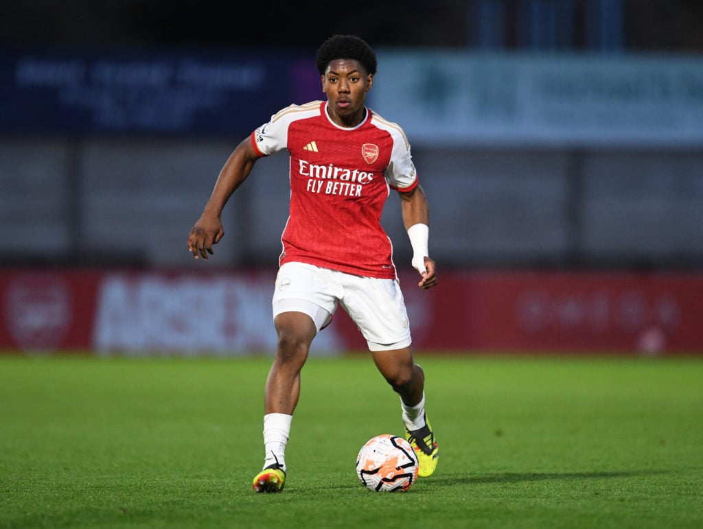 Myles Lewis-Skelly of Arsenal during the PL2 Play off between Arsenal U21 and Manchester United U21 at Meadow Park on May 03, 2024 in Borehamwood, ...