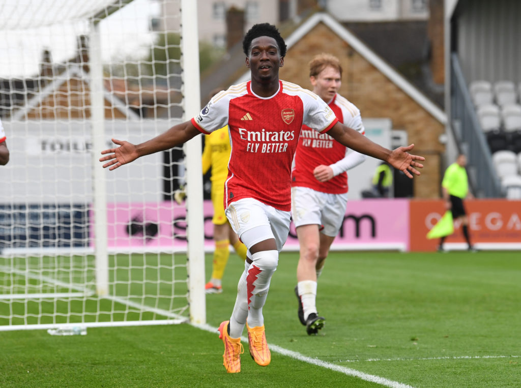 Amario Cozier-Duberry celebrates scoring Arsenal's 3rd goal during the PL2 Play off between Arsenal U21 and Manchester United U21 at Meadow Park on...