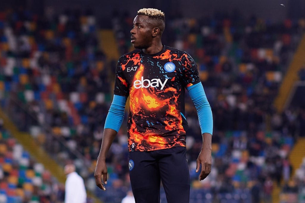 Victor Osimhen of Napoli SSC looks on prior to the Serie A TIM match between Udinese Calcio and SSC Napoli at Stadio Friuli on May 06, 2024 in Udin...