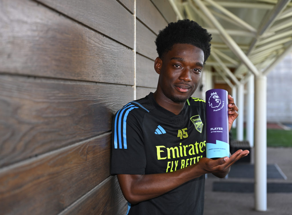 Amario Cozier-Duberry receives the Premier League 2 Player Of The Month Award for April at Sobha Realty Training Centre on May 10, 2024 in London C...